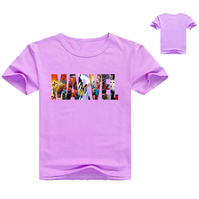 Purple Летняя одежда для маленьких мальчиков хлопковые футболки с короткими рукавами детская одежда с героями мультфильмов Marvel Comics для маленьких девочек футболки - Цвет: Purple