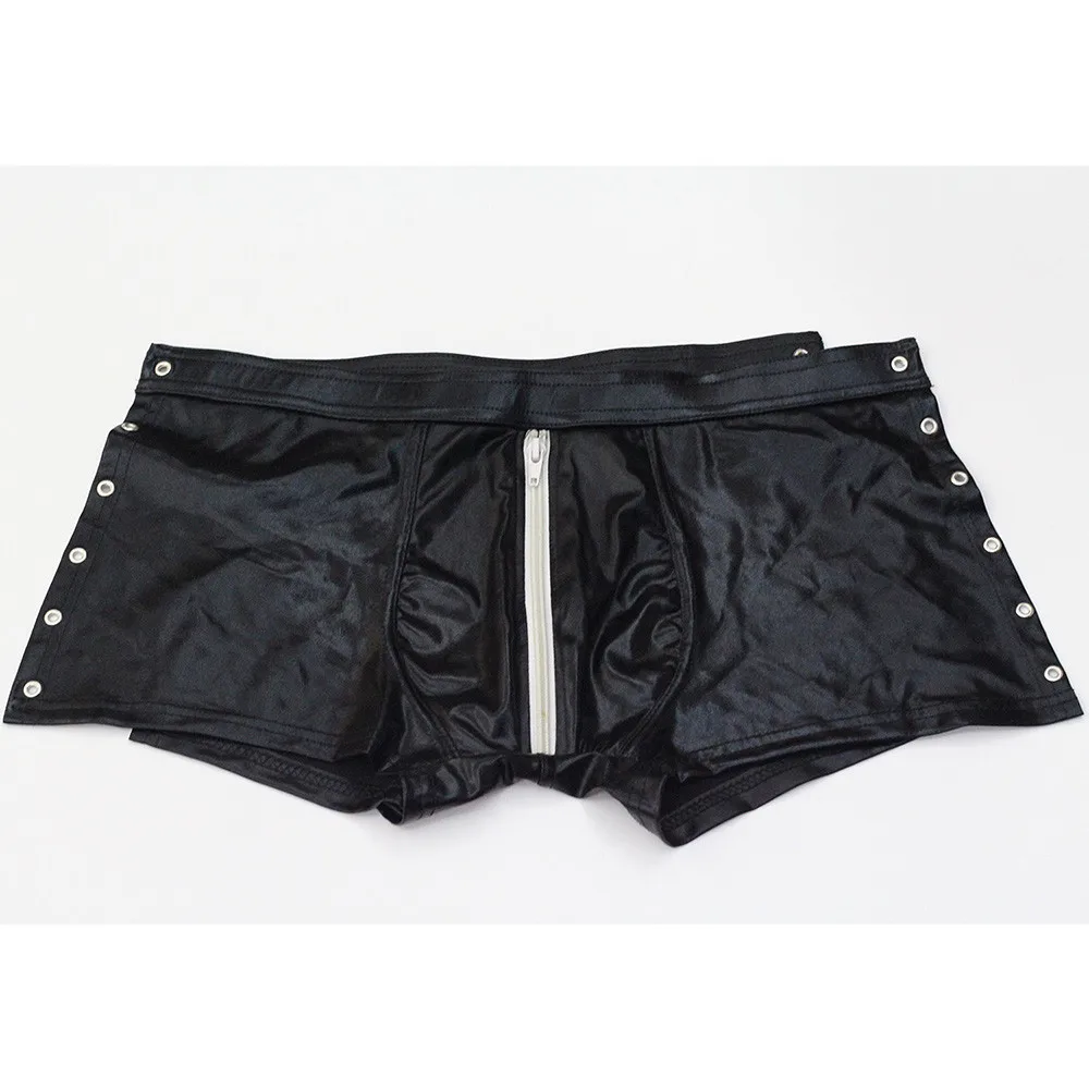 Sexy Men Leather Boxer Underwear Erotic Jockstrap Black Faux Vinyl Male Panties Zipper Front Gay Boxer Shorts Pouch Underpants