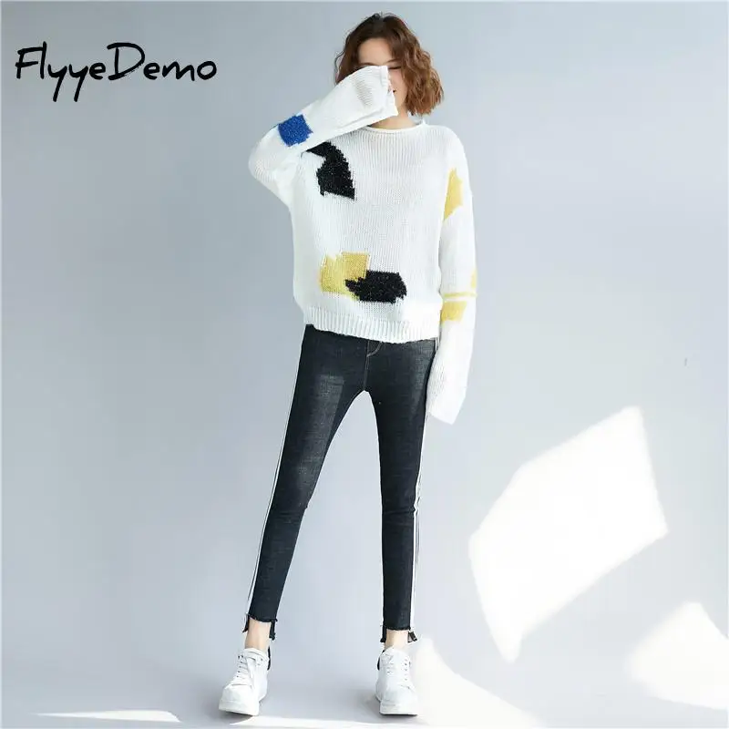 Contrast Color Autumn Sweater Women 2018 Long Sleeve Jumper Loose And Pullover Knitted Female Pull Femme | Женская одежда