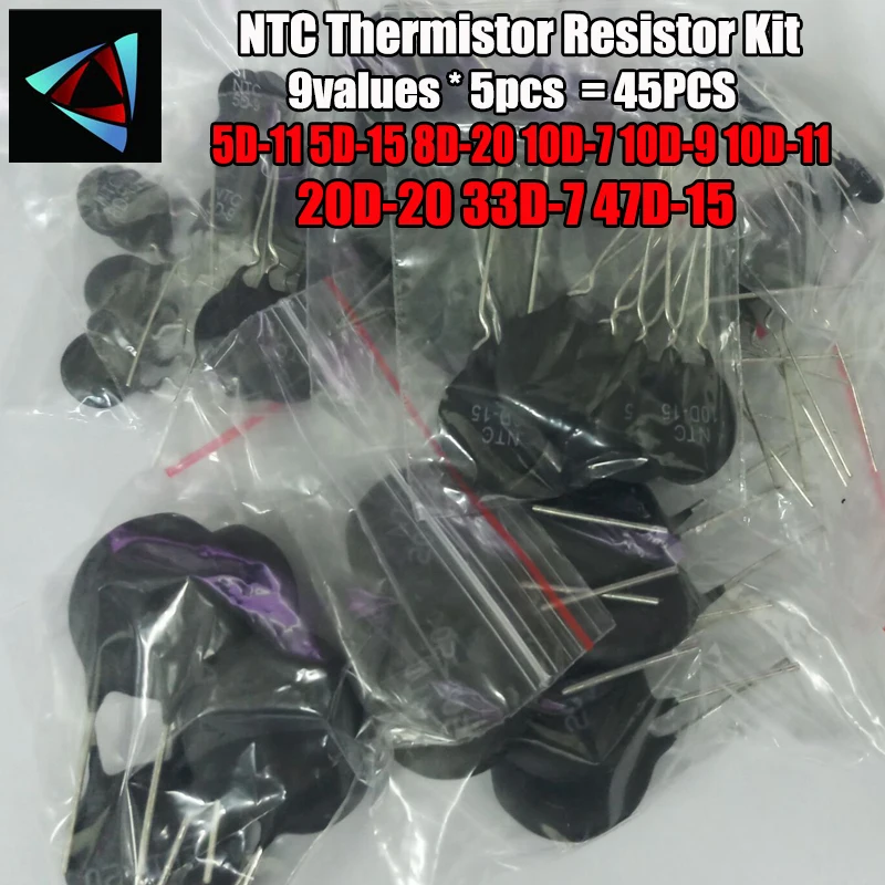 

45PCS/LOT NTC Thermistor Resistor Kit 5D-11 5D-15 8D-20 10D-7 10D-9 10D-11 20D-20 33D-7 47D-15 Thermal Resistor Resistance Set