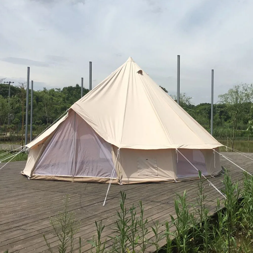 India yurt light khaki cotton canvas bell tent with stove jacket on the wall family 4m/5m dia |