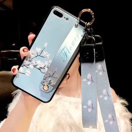 Sky Blue Ретро мода Орхидея Магнолия цветок Обложка на запястье с ручной шеей ремни для iPhone 11 Pro MAX XS Max XR 8 7 6 6S Plus - Цвет: Sky Blue