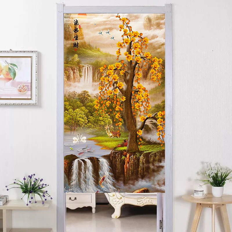 

Modern Simple Cotton Linen Door Curtain Beautiful Landscape Scenery Door Curtain Room Shade Kitchen Door Office Decoration