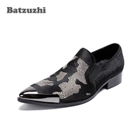 batzuzhi handmade luxury mens shoes metal head black leather dress shoes men flats rhinestones party shoes wedding big sizes