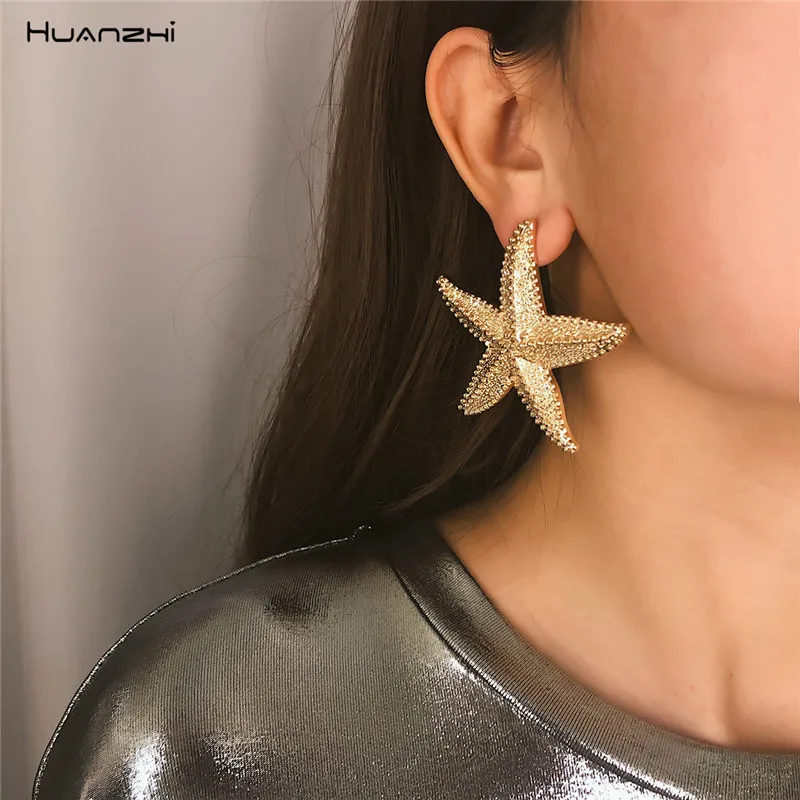 HUANZHI Exaggeration Big Simple Design Ocean Starfish Gold Metal Plated Drop Earrings For Women Travel Beach Jewelry Gifts | Украшения и