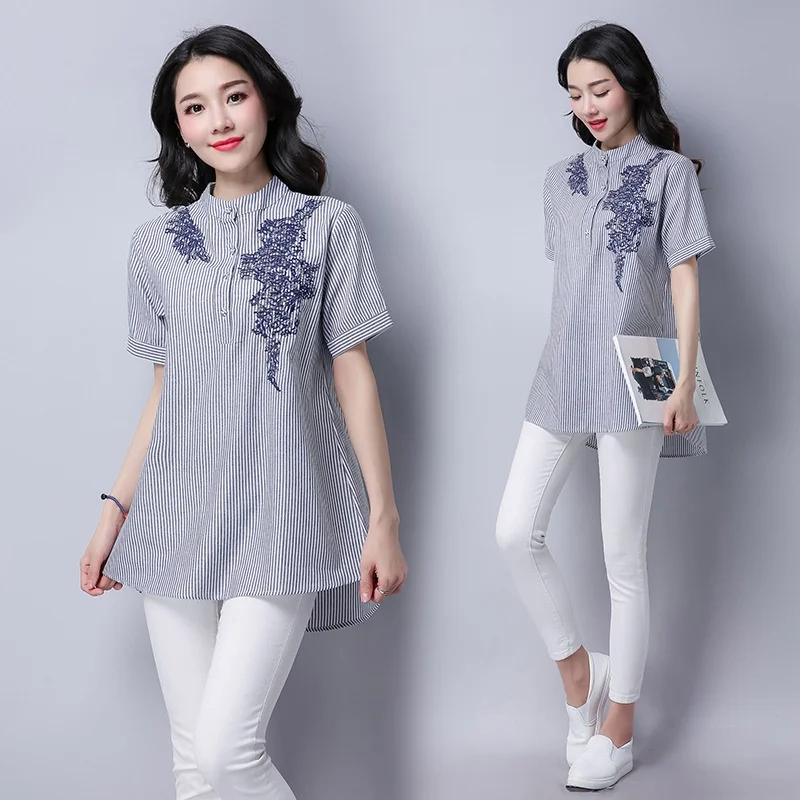 Striped Women Tops Summer 2019 New Korean Fashion Woman Clothing Embroidery Floral Short Sleeve Long Shirt Female Blouse DD2122