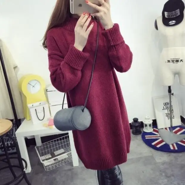 2019 autumn winter long sweater skirt high collar thickening set Korean version of the loose line wool dress woman | Женская одежда