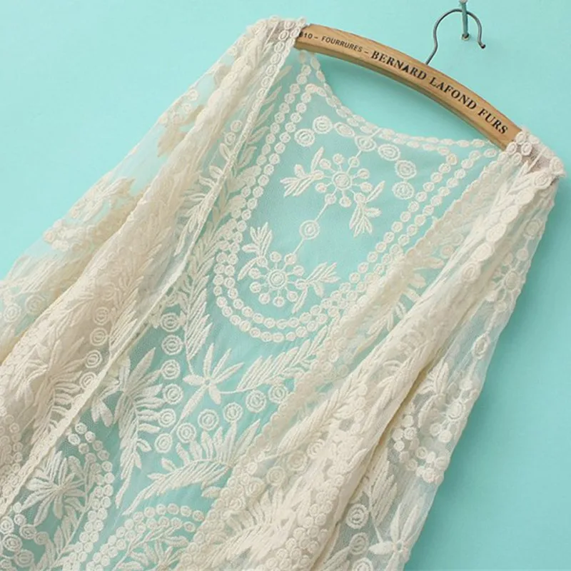 Qiukichonson Lace Cardigan Summer Bohemian Beach Cover Up V-Neck Embroidery Cotton Tops Ladies Womens Long Sleeve |
