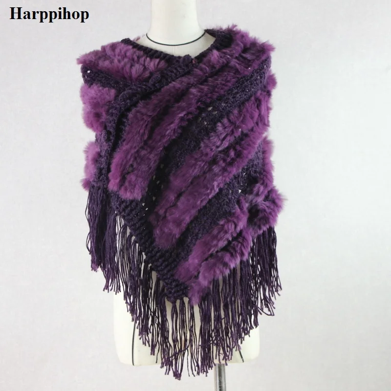 Harppihop, настоящий мех,, настоящий вязаный кроличий мех, шаль, Модный женский мех кролика, меховое пончо, пальто с кисточками