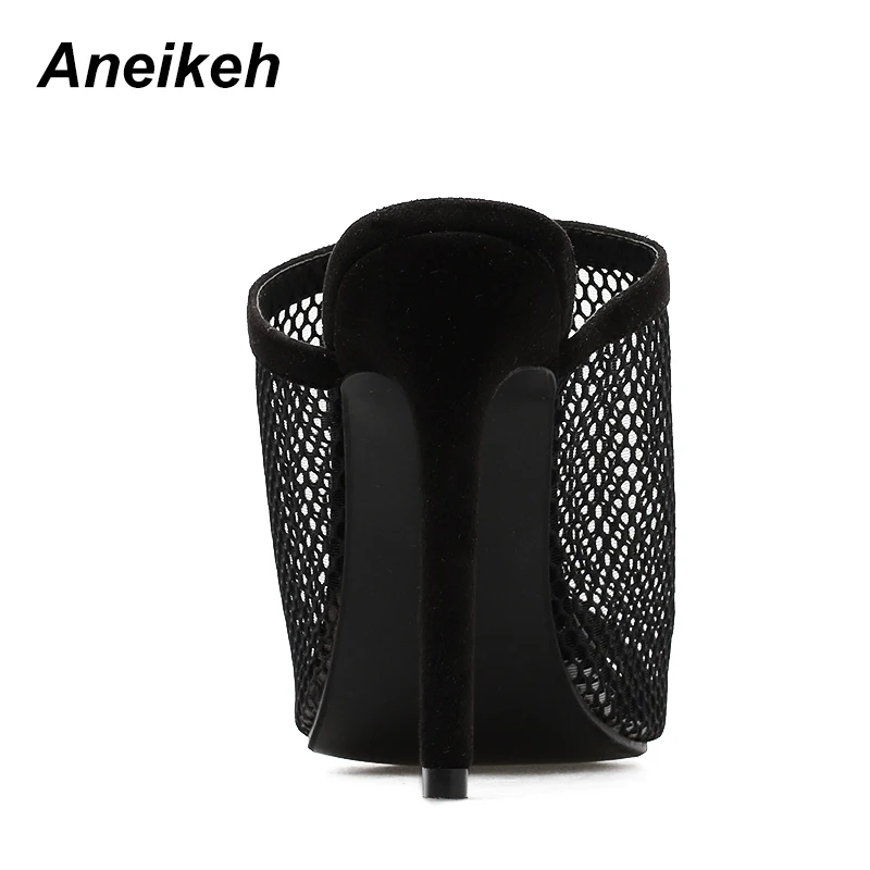 Aneikeh/Летние Босоножки с открытым носком; женские шлепанцы без задника; сетчатые туфли на высоком каблуке с вырезами; повседневные Клубные ботинки черного цвета