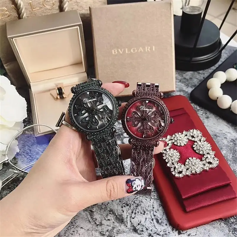 

fashion Women Stainless Steel Watch Lady Shining Rotation Dress Watch Big Diamond Wristwatches quartz Watch Snow Clocks