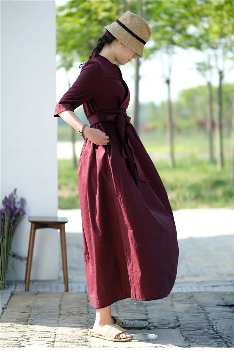 Origional Summer Cotton Linen Vintage Cotton V-neck Belt Small Loose Dress