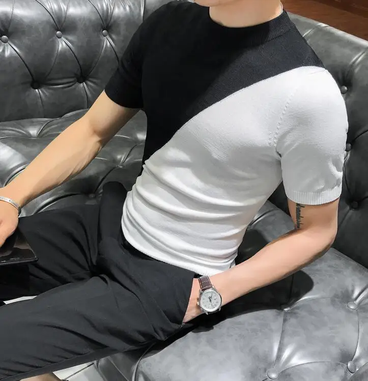 Индивидуальность контрастного цвета мужская футболка Летняя Новинка Slim Fit футболки с коротким рукавом Повседневный вязаный пуловер мужская футболка платье