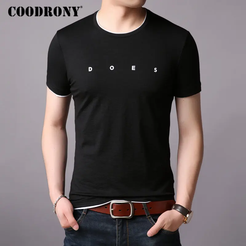 Бренд COODRONY, Мужская футболка с коротким рукавом, мужская летняя уличная одежда, повседневные мужские футболки с круглым вырезом, хлопковая Футболка Homme S95003 - Цвет: Черный
