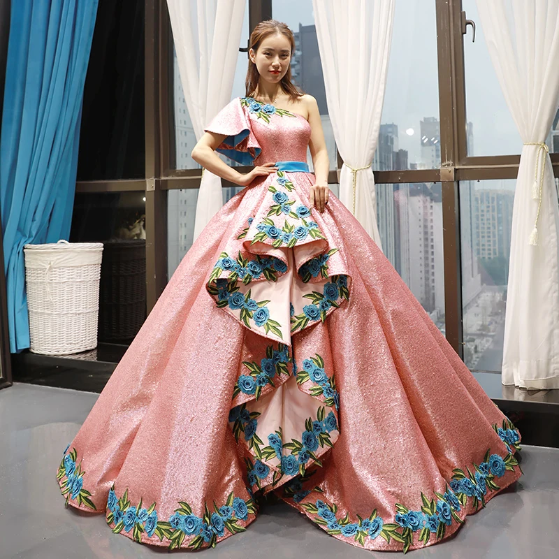 J66738 jancдекабря розовые платья Quinceanera 2020 на одно плечо с коротким рукавом