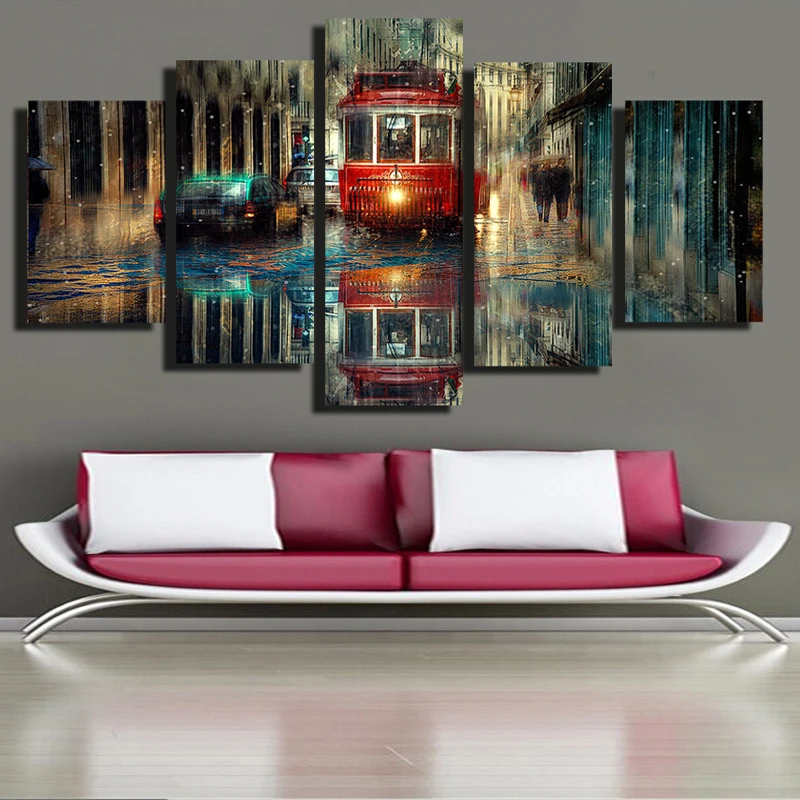 Картина маслом на холсте с изображением дождя и улицы 5 панелей - купить по