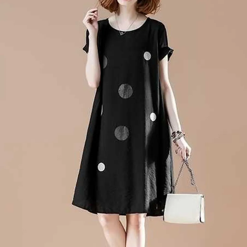 Повседневное платье с круглым вырезом летняя Рабочая точечная волновая печать