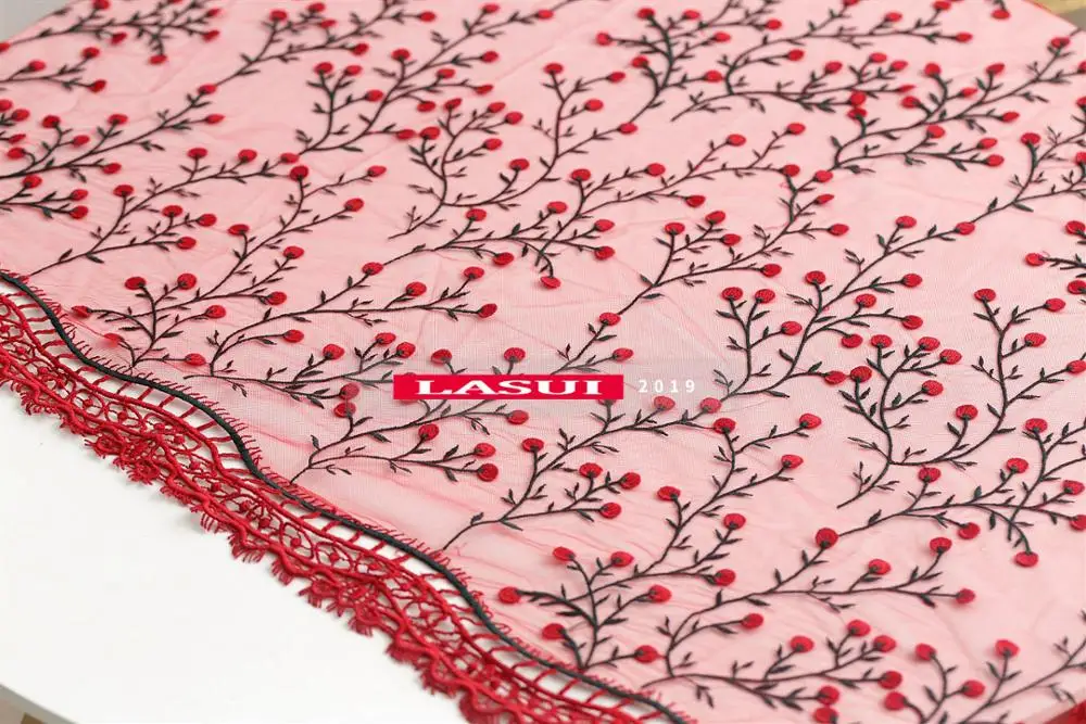 

LASUI 3 yards DIY skirt wedding dress accessories High-grade Cherry red embroidery mesh lace fabric Fine workmanship X0552