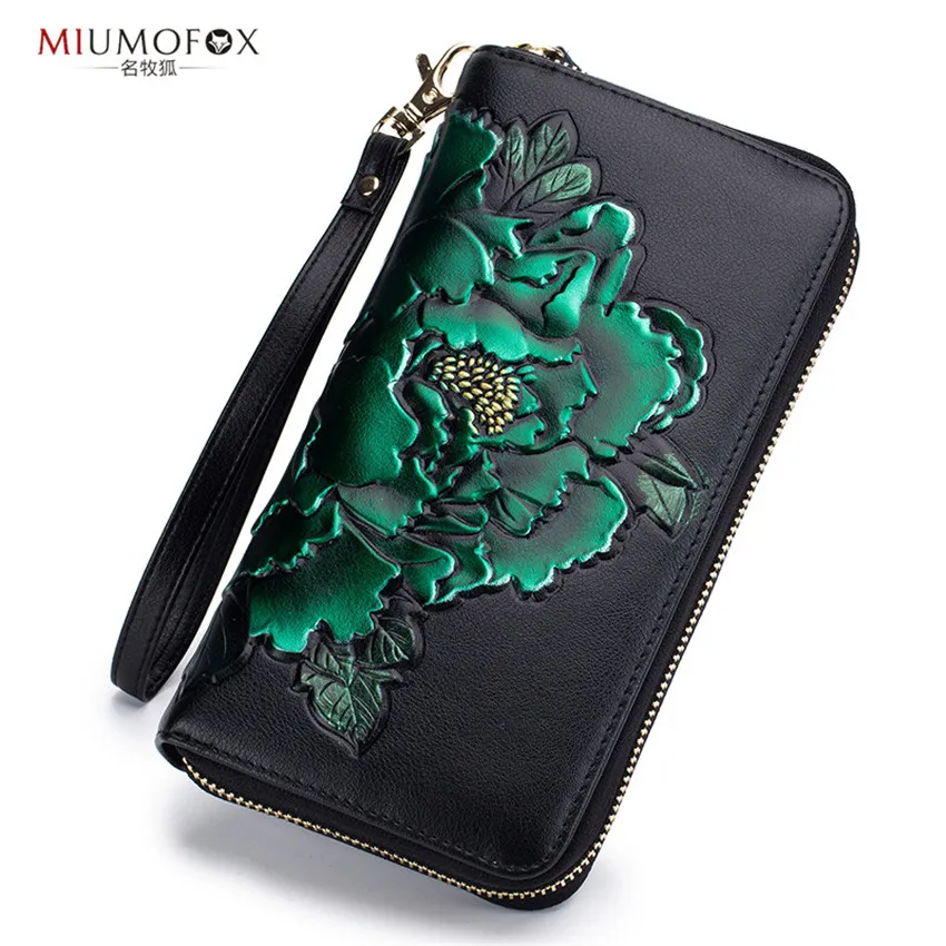 Chinese Style Purse Peony hand-painted Lady Long Wallet Cow Leather 24 Card Holders Simple Fashion Luxury Woman Holder W236 | Багаж и