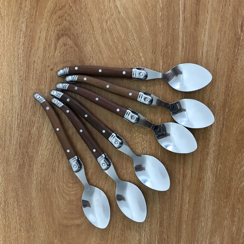 

6'' 6/8/10pcs Laguiole style Stainless Steel Teaspoon Wood Handle Mini Coffee Dessert Tea Spoon set Restaurant Party Dinnerware