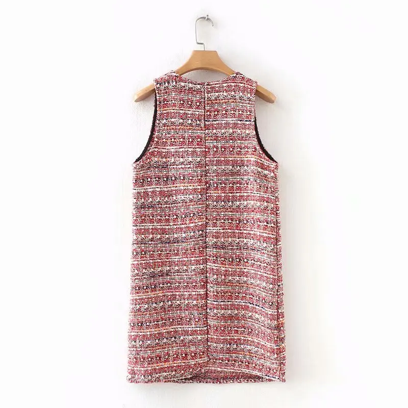 2018 женское винтажное модное твидовое мини-платье без рукавов с круглым вырезом
