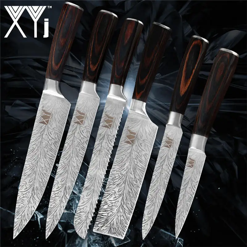F.6pcs set XYj, 8 шт., набор ножей из нержавеющей стали, дамасский узор, лезвие, цветная деревянная ручка, точилка для ножей, кухонный 6 ''8'', подставка для ножей - Цвет: F.6pcs set