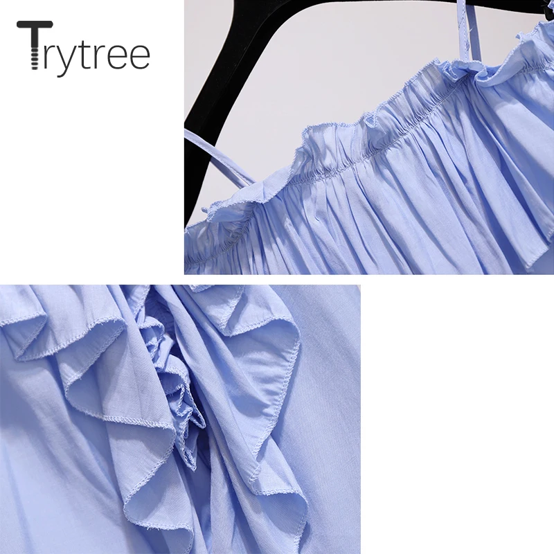 Trytree летний женский костюм из двух предметов косой вырез с оборками Топы с рукавами-буффами+ юбки телефонный чехол с выгравированным пером комплект лиф на резинке+ мини юбка Повседневное комплект из 2 частей