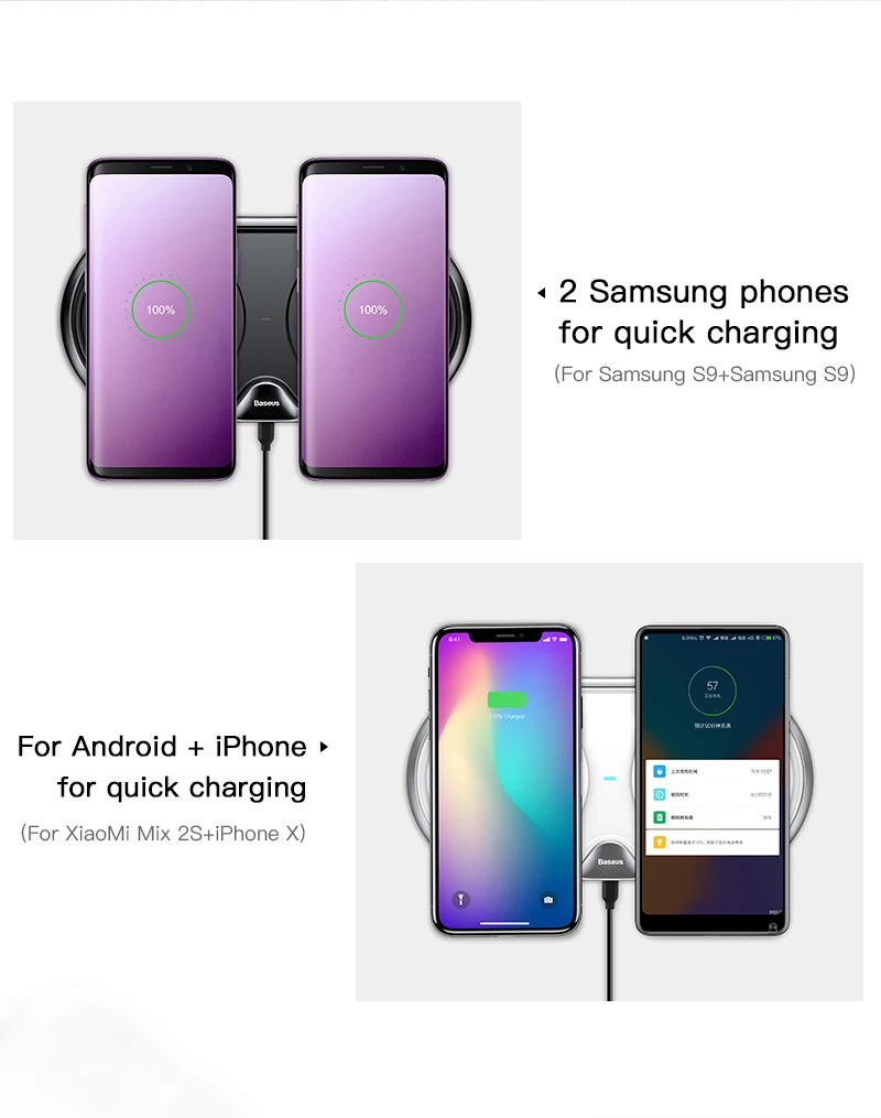 Беспроводное зарядное устройство Baseus 10 Вт с двумя сиденьями Qi для iPhone X 8 samsung S9 S8 Note 8, быстрая зарядка 3,0, беспроводное настольное зарядное устройство