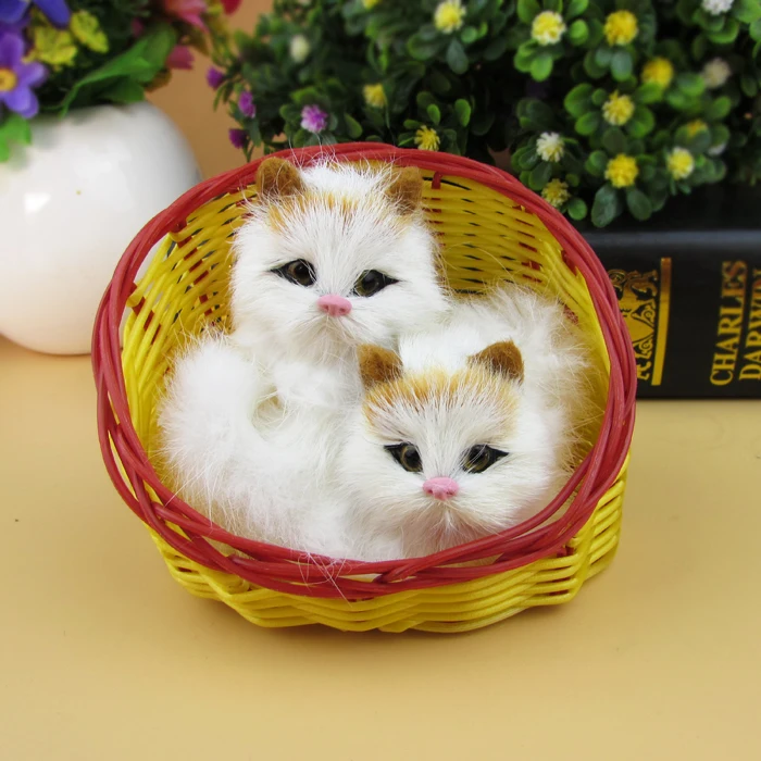 

small cute simulation cat lifelike twomini cat dolls in the basket gift 12x9x11cm a05