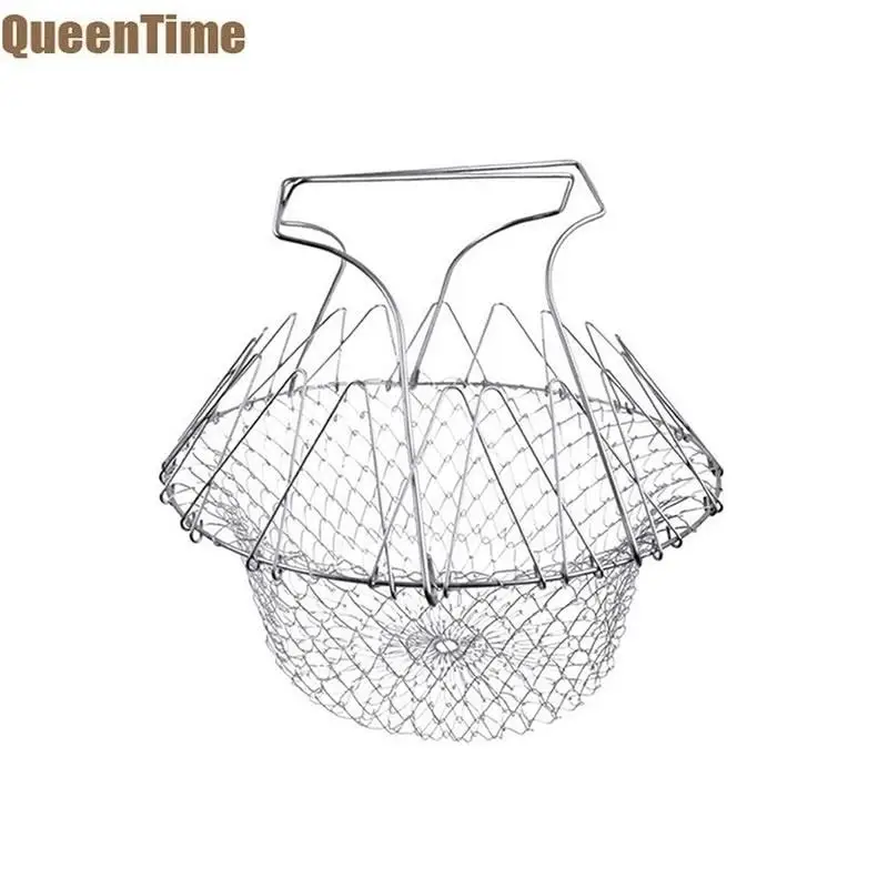 QueenTime Складная кухонная корзина из нержавеющей стали для жарки сковороды, фритюрница, шеф-повара, сито для пасты, кухонные корзины