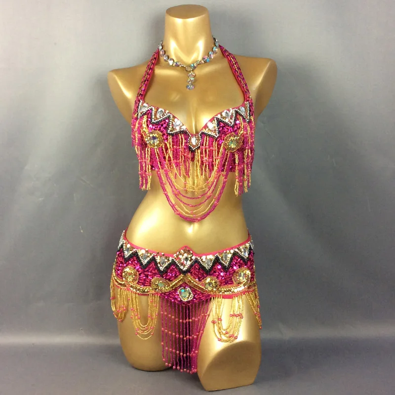 hot pink Набор костюма для танца живота бюстгальтер+ пояс 2 шт./компл. танец живота костюм для женщин, принимаем любой размер, D/DD/DDD чашки - Цвет: hot pink