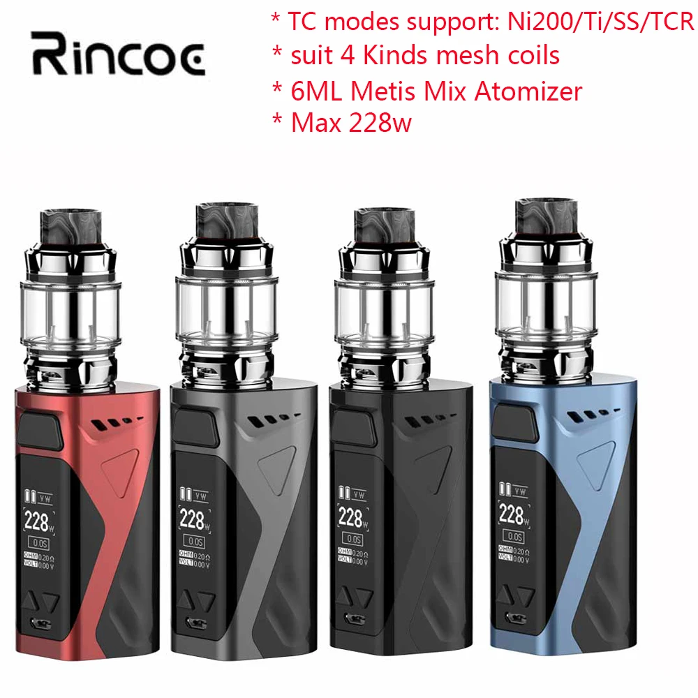 Оригинальный Rincoe Manto X Mesh 228 Вт Vape комплект с 6 мл Metis Mix Atomizer fit 4 вида сетки катушки