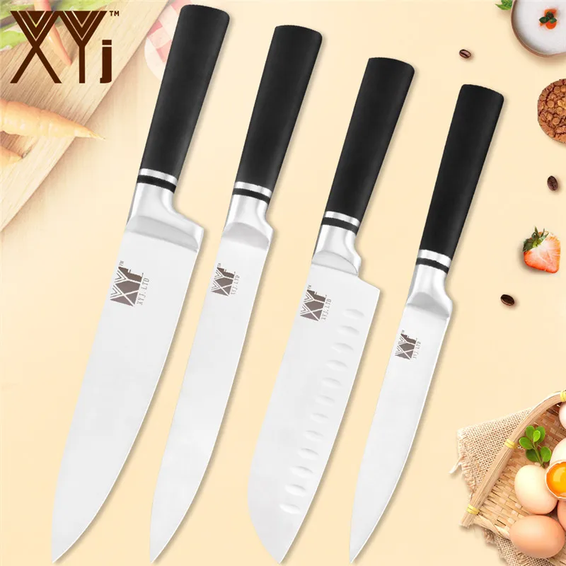 D.4pcs set XYj 6 шт. набор кухонных ножей из нержавеющей стали, черные Нескользящие ручки, ножи шеф-повара, острое лезвие, для хлеба, мяса, для приготовления пищи, бытовые инструменты - Цвет: D.4pcs set