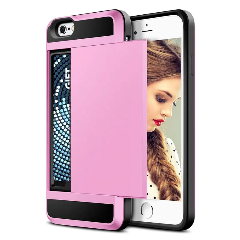 Pink Скользящий кошелек с отделением для кредитных карт PC чехол для телефона для iPhone 6, 7, 8, X, 6S Plus, 5, s, 5S, SE, 5C с двойным слоем ТПУ защитный противоударный чехол на заднюю панель - Цвет: Pink