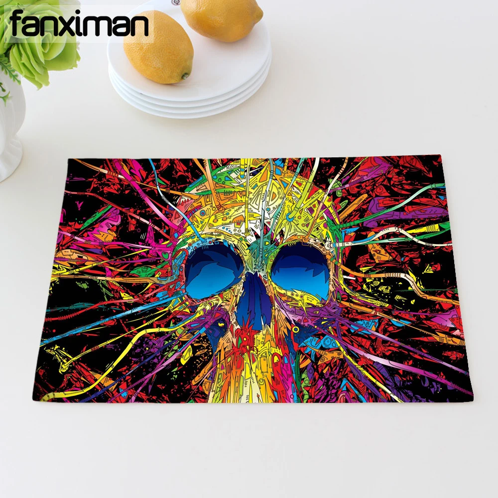 

Colorful Skull Print Table Mats For Dining Table Eco Linen Napkins For Kitchen Heat Insulation Placemats Coasters 42*32 CM