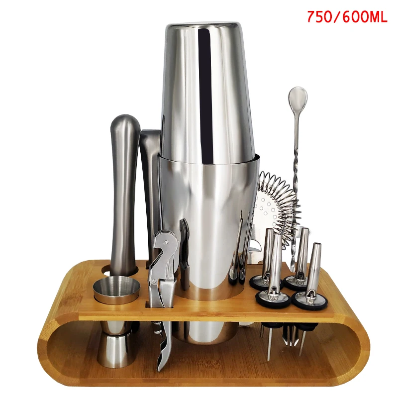 13Pcs 750 600ml Нержавеющая сталь шейкер бар набор вина Миксер для напитков шейкер Бостонского стиля вечерние Бар инструмент с бамбуковой подставкой - Цвет: 13Pcs 750 600ml