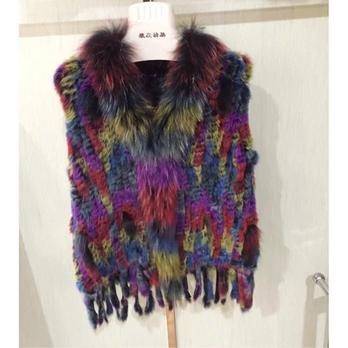 colorful 1 Лидер продаж, женский жилет из натурального кроличьего меха, повседневный жилет с воротником из натурального меха енота, Женский вязаный жилет ручной работы из натурального кроличьего меха - Цвет: colorful 1