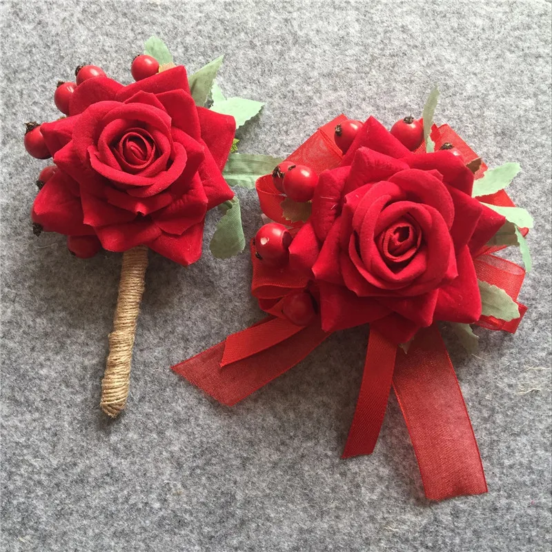 Groom Boutonniere Bride Wrist Corsage Artificial Hand Wedding flower Bouquet Accessories Prom Party man Suit Decoration | Дом и сад