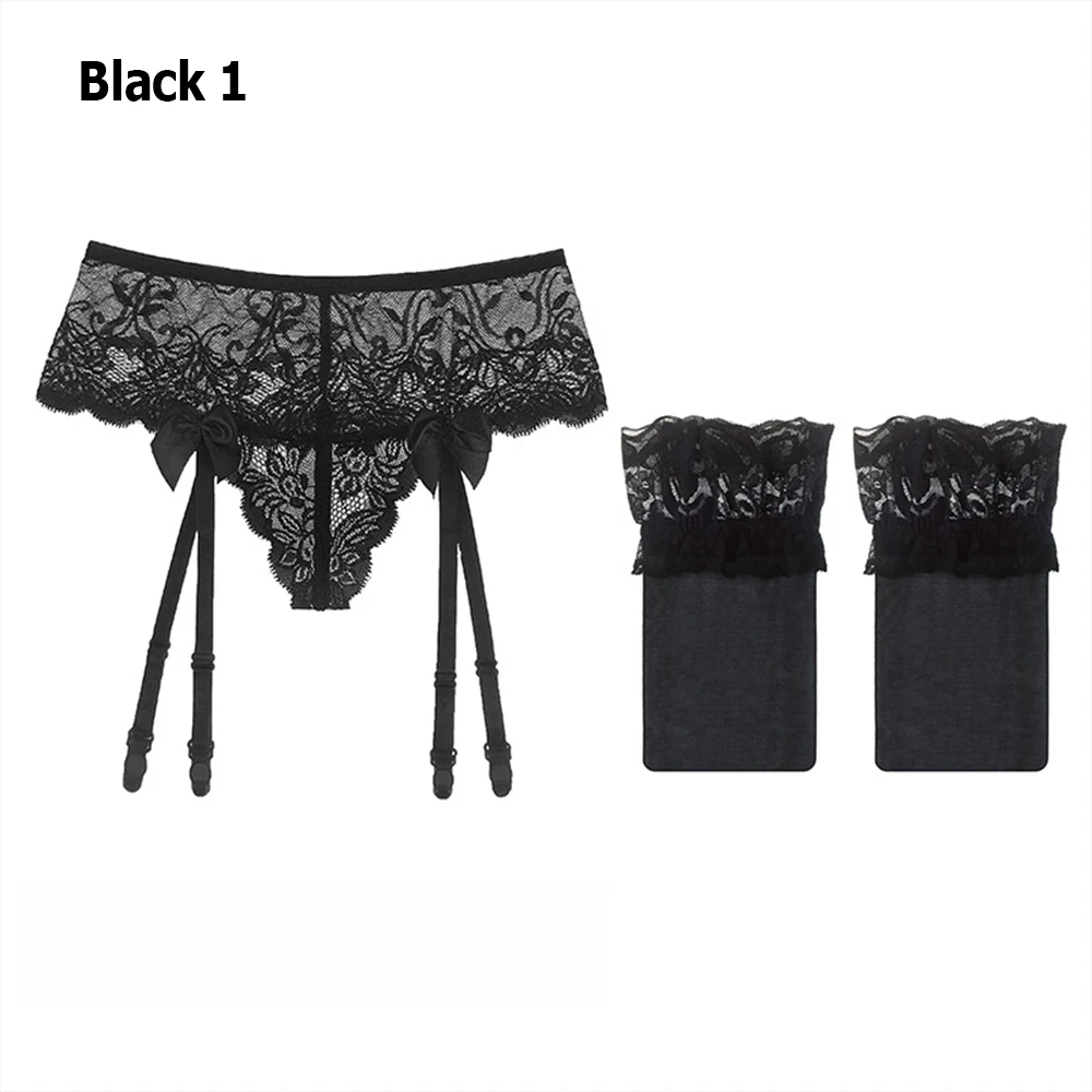 black1 Сексуальное прозрачное эротическое женское белье с бантом, кружевной пояс для чулок трусики-танга, Сексуальное белье аксессуары - Цвет: black1