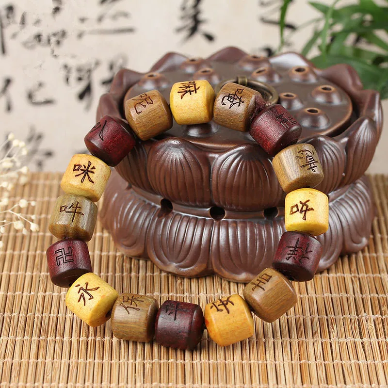 

Natural Sandalwood Tibetan Buddhist Beads Bracelets Hand-carved Om Mani Padme Hum Mantra Buddha Bracelet Bangle