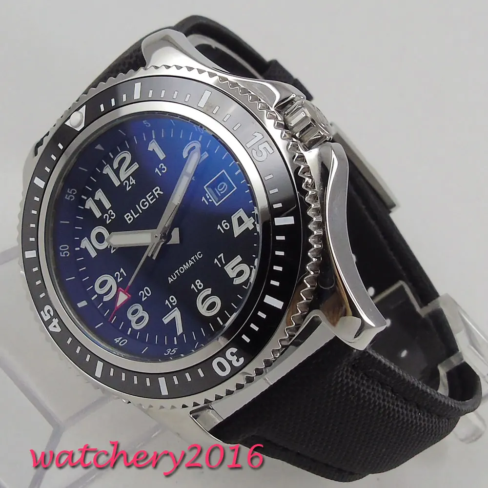 Мужские часы с черным циферблатом Bliger 44 мм светящиеся марки вращающийся Безель