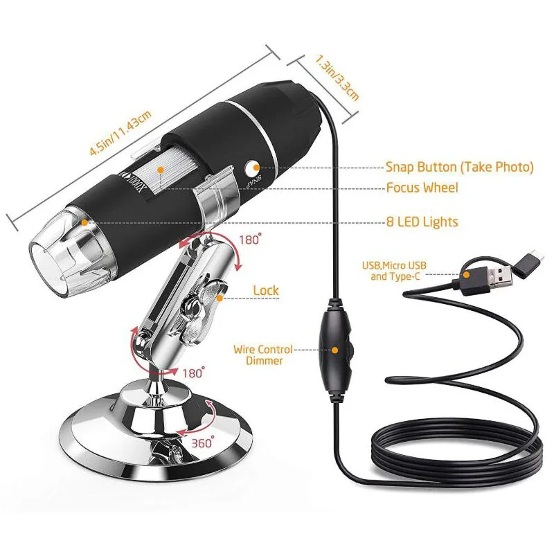 Цифровой микроскоп 3 в 1 1000X 8 светодиодов HD USB эндоскоп камера 30 Вт лупа