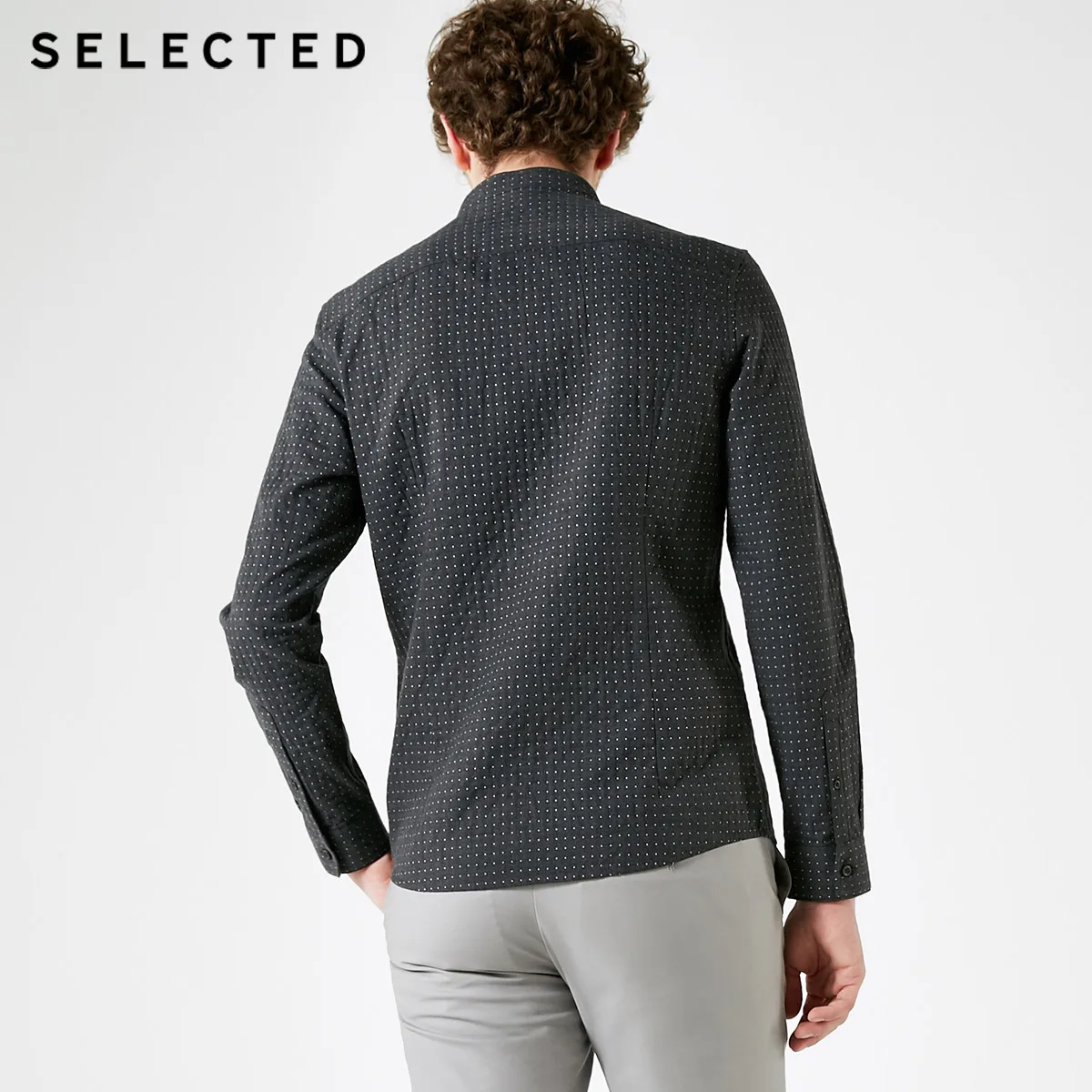 SELECTED Men's Cotton Slim Fit Stand-up Collar Polka Dots Long-sleeved Shirt S|418405544 | Мужская одежда