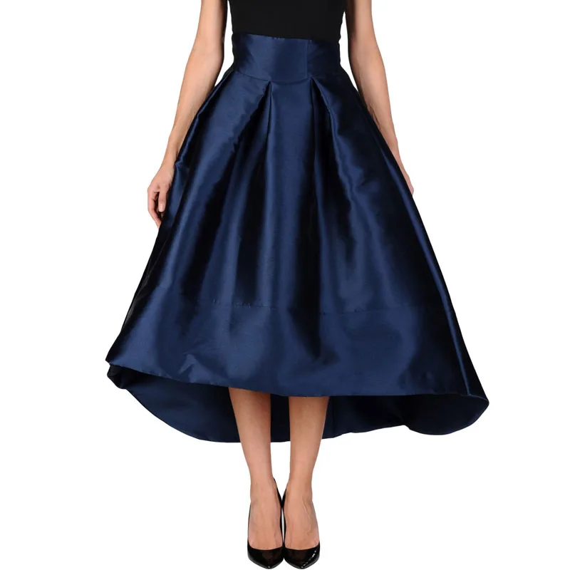 

Custom Made Dark Blue Satin Women Skirt High Quality Fashion Asymmetrical High Low Pleated Midi Skirt Big Swing Saia Faldas