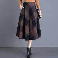 vintage plaid skirt women autumn winter england style high waist woolen skirt midi length elegant oversize ladies a line skirts