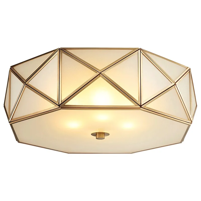 

America Style Retro Real Brass Frosted Glass Foyer Led Ceiling Light Lustre Electroplated Brass Bedroom Loft Led Ceiling Lamp