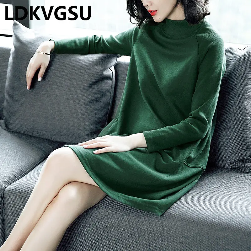Spring Autumn Dress Female Long Sleeve 2019 New Fashion Temperament Loose Round Neck Large Size Green Knit LQ705 | Женская одежда