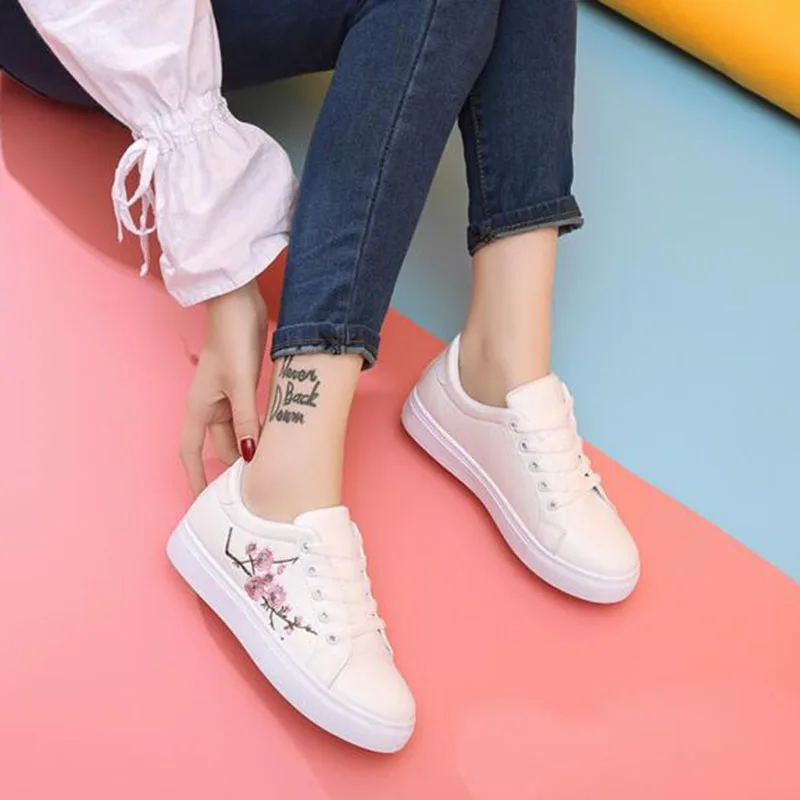 White Shoes Taking Snapshots Flats Summer Peach Blossom Printed Embroidery Casual Women Students Slip-on | Обувь