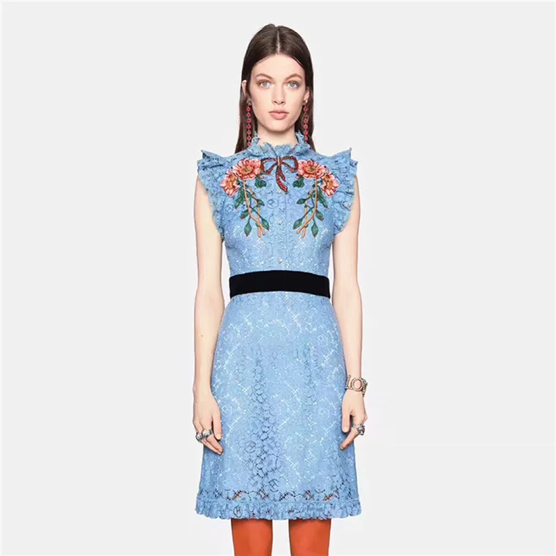 Летний стиль Автопортрет кружевная Цветочная вышивка подиумные платья Новинка