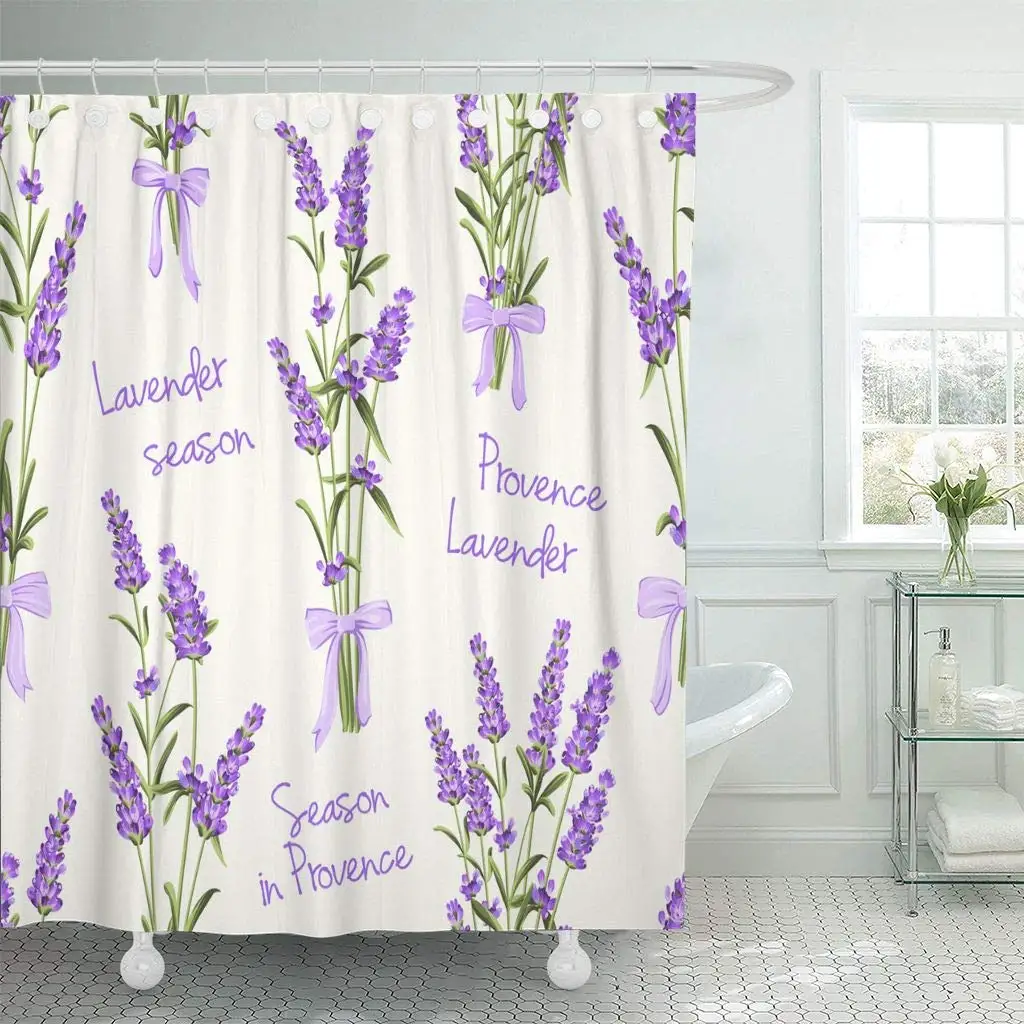 Тканевая занавеска для душа синяя Роза лаванды на белом акварельном узоре с Swatch